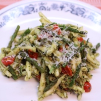 Image of Pasta with Roasted Asparagus and Almond Pesto recipe
