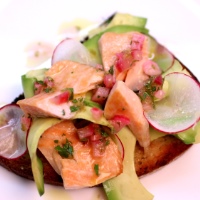 Image of Avocado and Trout Toast with Rhubarb Dressing