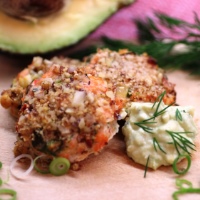 Image of Almond Crusted Salmon Cakes with Avocado Yogurt Dip recipe