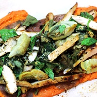 Image of Chicken Artichoke & Spinach Loaded Sweet Potatoes recipe