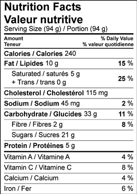 Image of nutrition facts table for Buche de Noel (Christmas Yule Log) with Chestnut Filling.