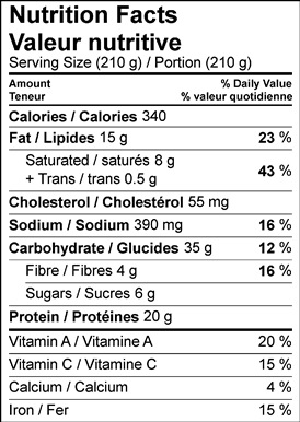 Image of nutrition facts table for Maple Chicken Tourtière