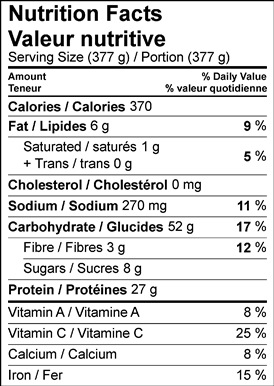 Image of nutrition facts table for Chinese ginger salmon with brown rice.