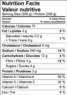 Image of nutrition facts table for Ontario Squash & Kale Soup