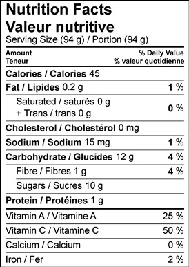 Image of nutrition facts table for summer cantaloupe granita.