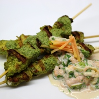 Image of a Green Chicken Skewer with a Cucumber & Papaya Raita 