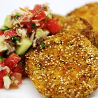 Image of Baked "Fried Green Tomatoes" with Crab and Watermelon Ravigote.
