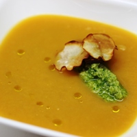 Image of sunchoke and sweet potato soup with green garlic pesto.