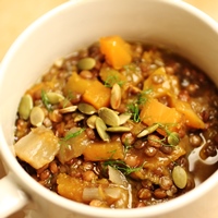 Image of braised lentils with pumpkin and fennel.