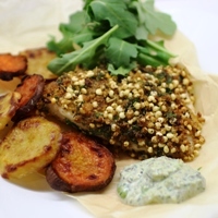 Image of oven baked fish and chips with edamame tartar sauce