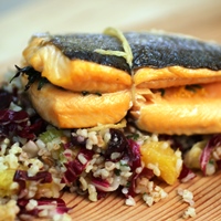 Image of roasted arctic char with sicilian bulgur salad.