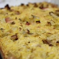 Image of cornbread with caramelized leeks and apples.
