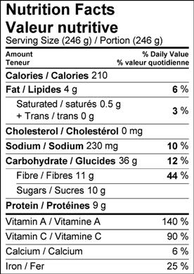 Image of nutrition facts table for smokey lentil and mushroom sheppard's pie recipe.