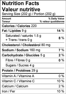 Image of the nutrition facts table for Steelhead Trout with Lemon Zucchini Pickle