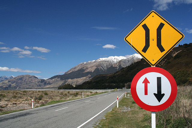 Image of one lane road/bridge ahead