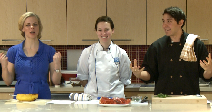 Chrsity Brissette, Katie Verissimo, and Geremy Capone give a demonstration in the ELLICSR kitchen