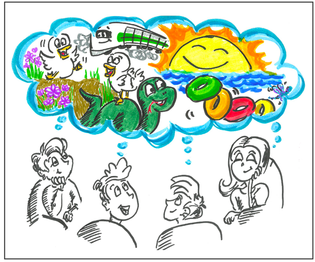 Image of a cartoon depiction of the bloggers imagining Bob's stories