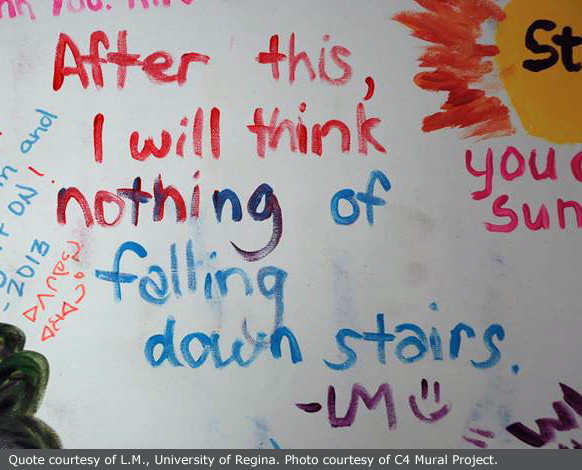 Image of mural various quotations.  Main one says "After this I will think nothing of falling down stairs"