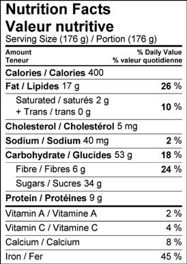 Image of nutrition facts table for Desneige's Chocolate & Pear Mug Brownies.