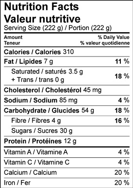 Image of nutrition facts table for Rich Hot Chocolate With Gingerbread Chestnut Biscotti