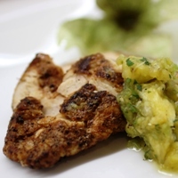 Image of the Recipe and nutrition information for Chicken with Cacao Spice Rub & Tomatillo Pineapple Salsa