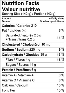Image of nutrition facts table for cherry and winter root cobbler.