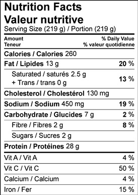 Image of nutrition facts table for Braised Swiss Chard with Cauliflower & Pecan Crusted Chicken.