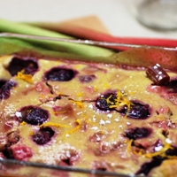 Image of rhubarb and cherry clafoutis.