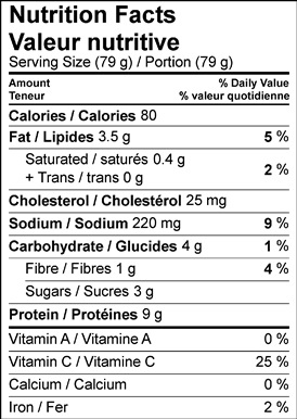 Image of nutrition facts table for lemongrass chicken skewers with citrus dipping sauce recipe.