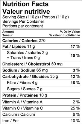 Image of nutrition facts table for Ontario currant and yogurt tart.