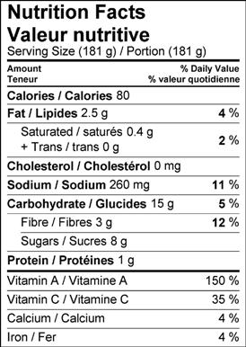 Image of nutrition facts table for orange, carrot and cilantro soup.