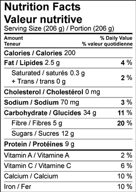 Image of nutrition facts table for no cook oatmeal with Ontario pears recipe.