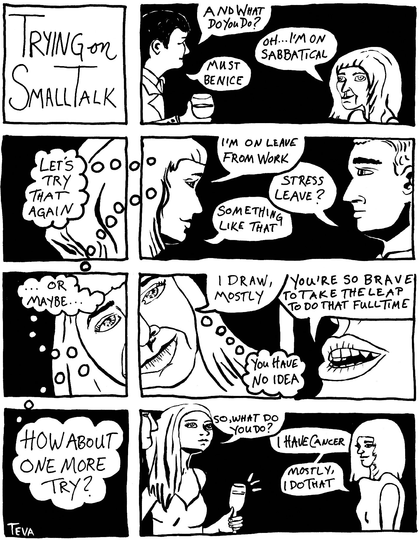 Image of Teva's comic on Trying on Small Talk